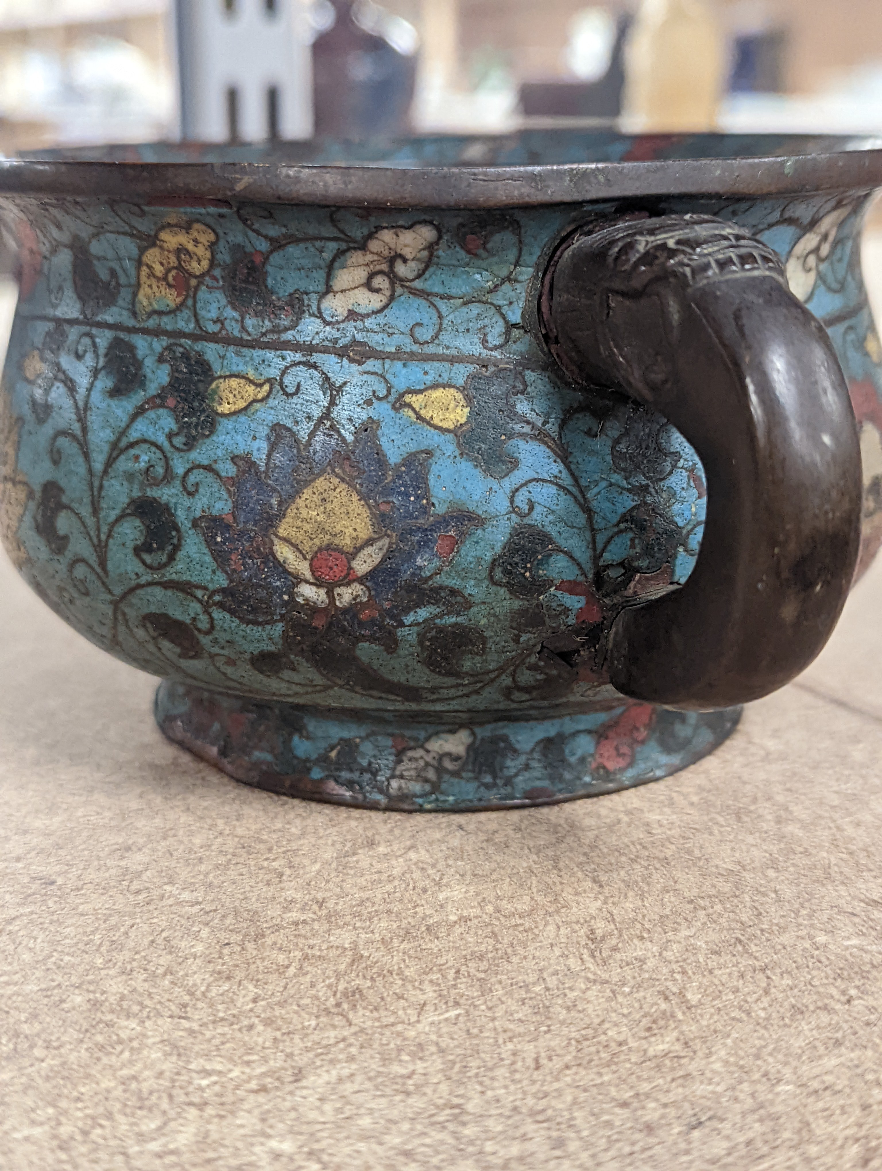 A Chinese late Ming dynasty bronze and cloisonné enamel ding censer 18cm